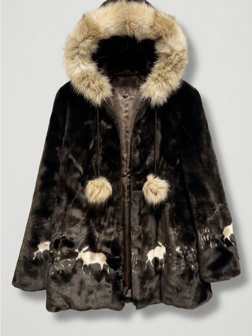 Women's Black Faux Fur Trench Coat with Cream Trim